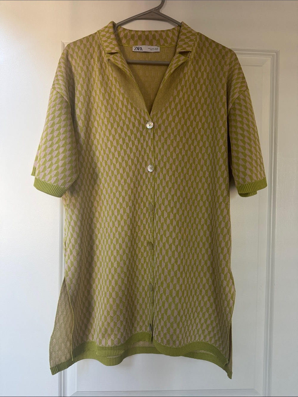 ZARA Short Sleeve Button-Up Knit Shirt / Dress in Lime & Light Pink